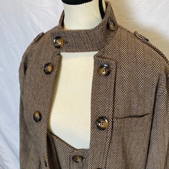 Aowofs Women's Herringbone Long Jacket Coat Size Medium Brown White Neck Strap - Picture 2 of 13